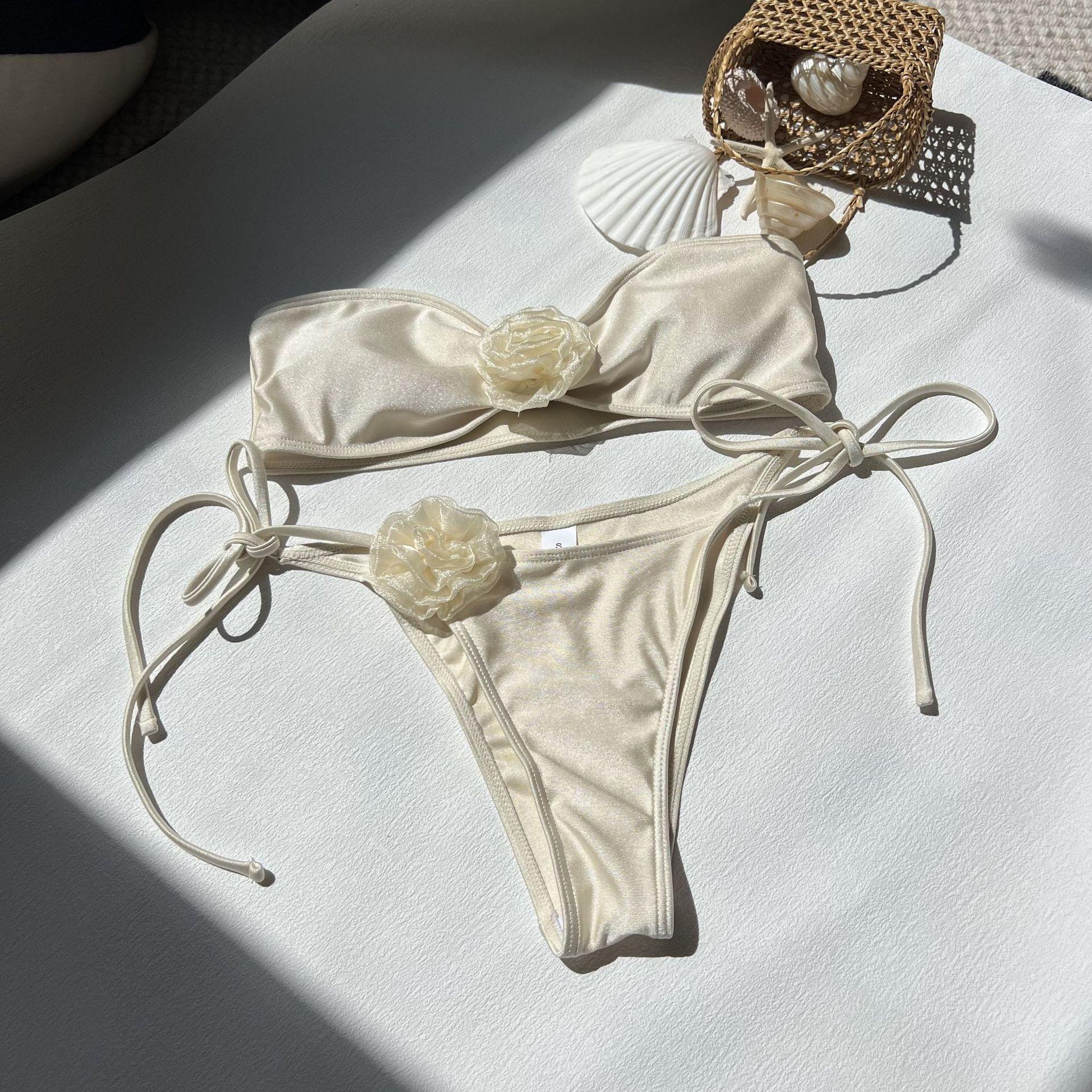 2026 European and American New Solid Color Bright Flower Tube Top Split Swimsuit Swimsuit Bikini S