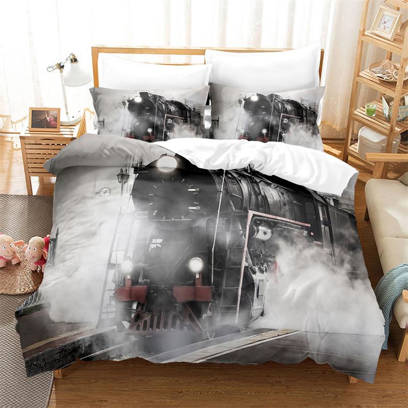Train Duvet Cover Full Size Boys Steam Engine Bedding Set Microfiber 3D Rail Vehicles Comforter Cover For Boys Teens Room Decor