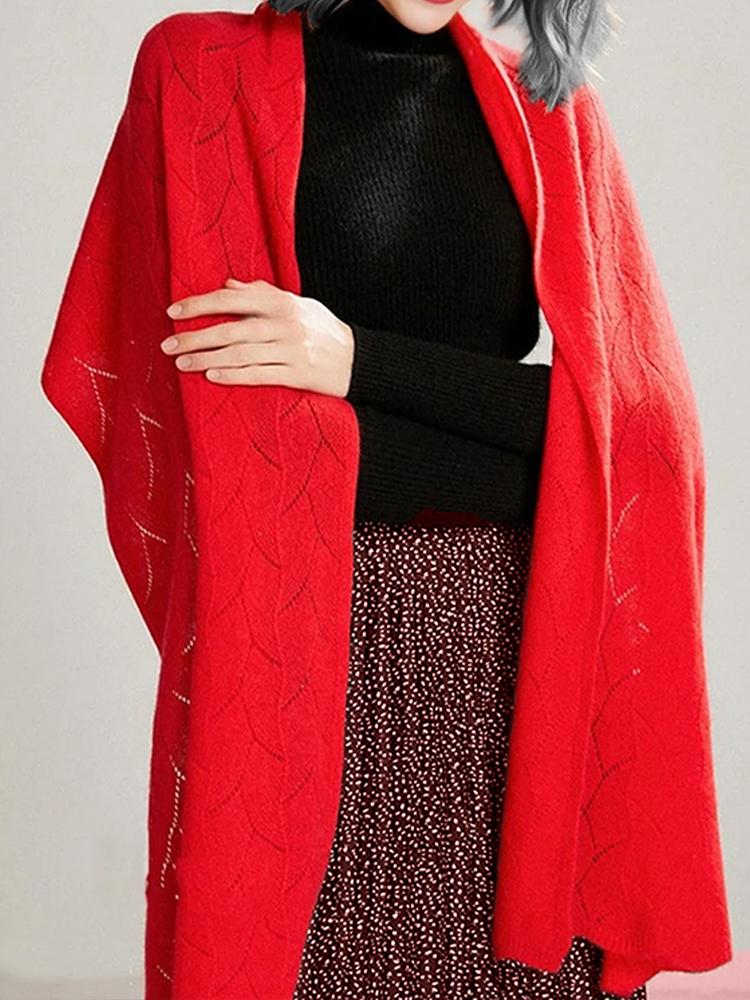 

100%Wool Hollow Rectangular Leaf Pattern Scarf For Women S Winter Warmth&Neck Protection Knitted Multifunctional Cardigan Scarf красный