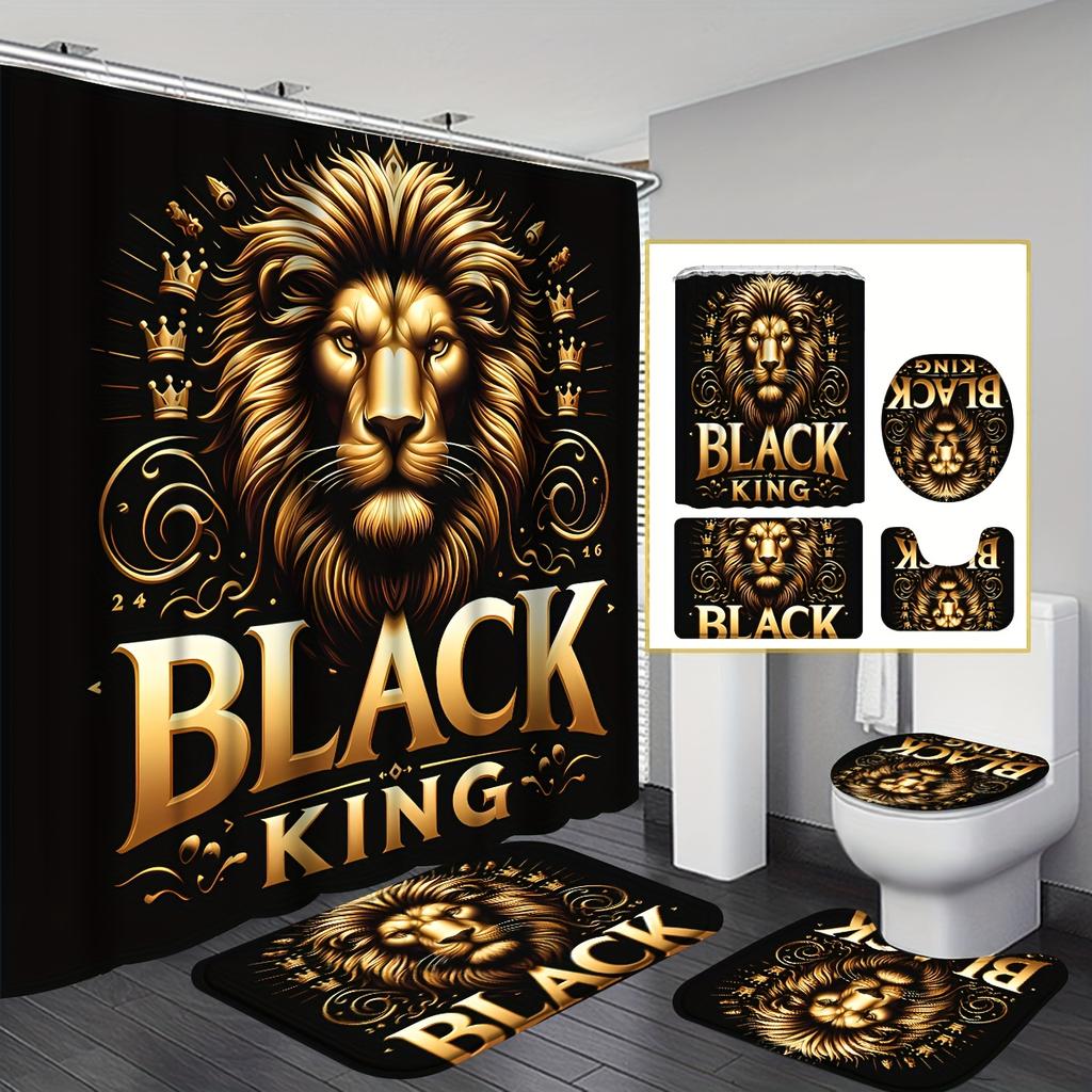 4Pcs Lion Pattern Shower Curtain Set with Non-Slip Bath Mat, Toilet Lid Cover, Contour Rug & 12 Hooks, Bathroom Decor