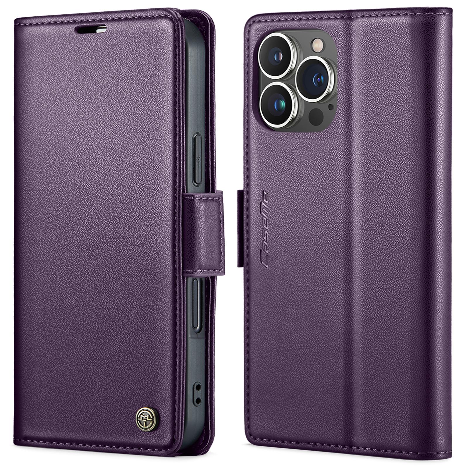 

For iPhone 16 Pro Leather Case CASEME 023 RFID Blocking 3 Card Slot Mobile Cover Purple