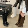 Aneikeh New Brown2026 Fashion Luxury Pointed Toe Ladies Long Knee Women Modern Boots Female Shoes Kitten Heels Western Boots