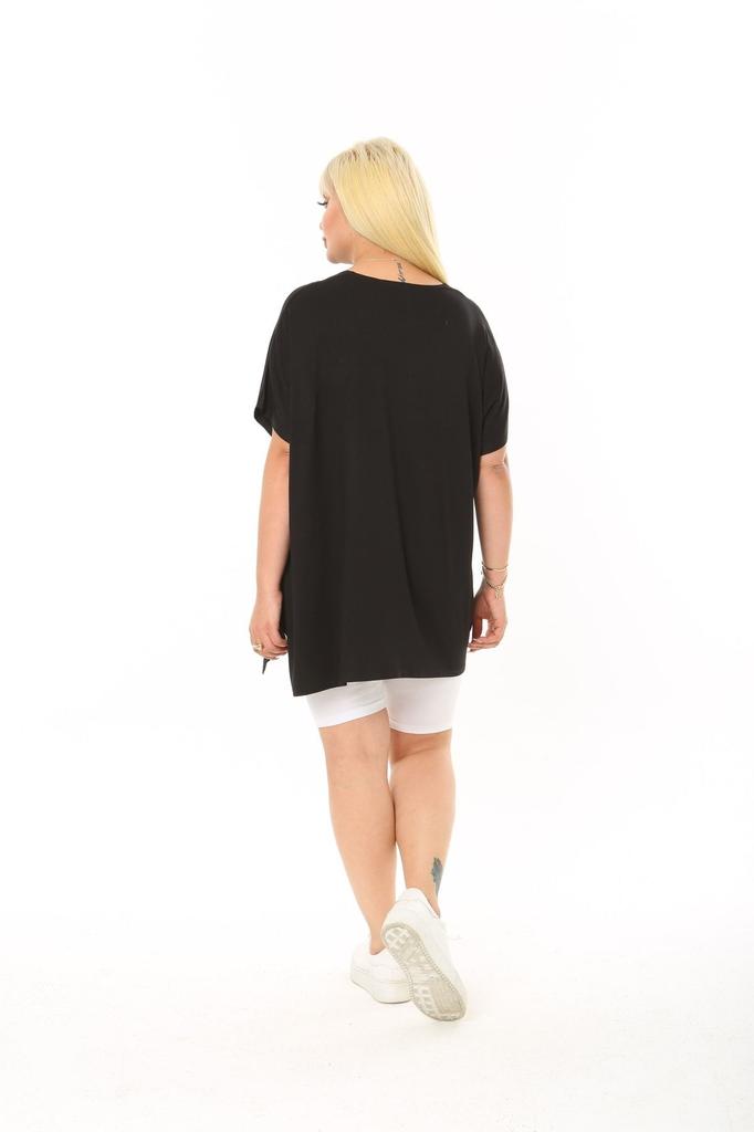 Damen Stil Große Größe T-Shirt Große Größe Gestrickte Viskose Schwarz Bedrucktes Salas T-Shirt