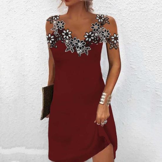 Women Summer Lace Stitching Sling Mini Dress V-neck Cold Shoulder Sleeveless Slim Fit Short Dress Streetwear
