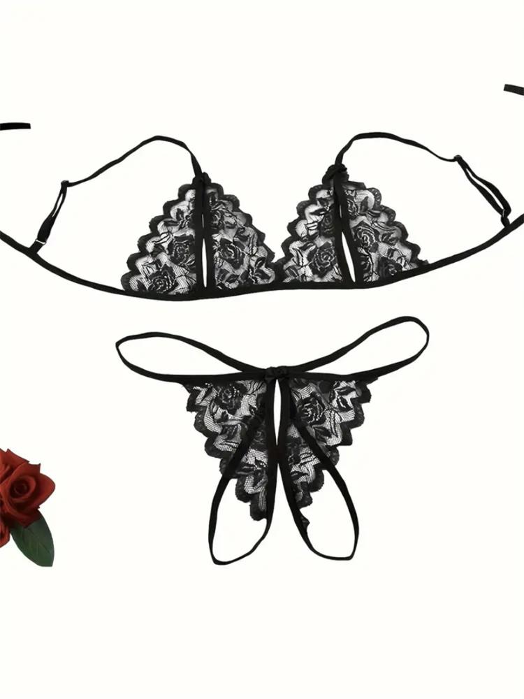 Seductive Lace Deep V Lingerie Set Soft Intimates Bra Open Crotch Thong Womens Complete Underwear Set Erotic Costumes Temptation