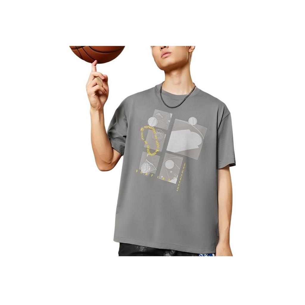 Li Ning Badfive Graphic Print Round Neck Pullover T-Shirt Unisex T-Shirts Iron-Grey AHSSB03-3