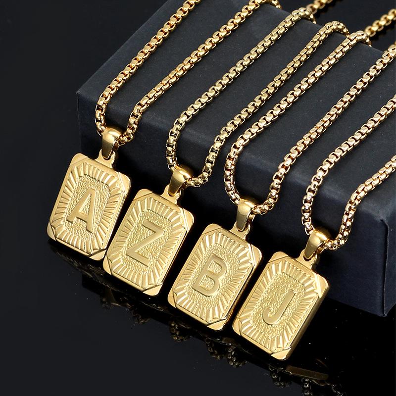 Trendy Titanium Steel Square Pendant Choker Necklace with 26 English Letters for Couples