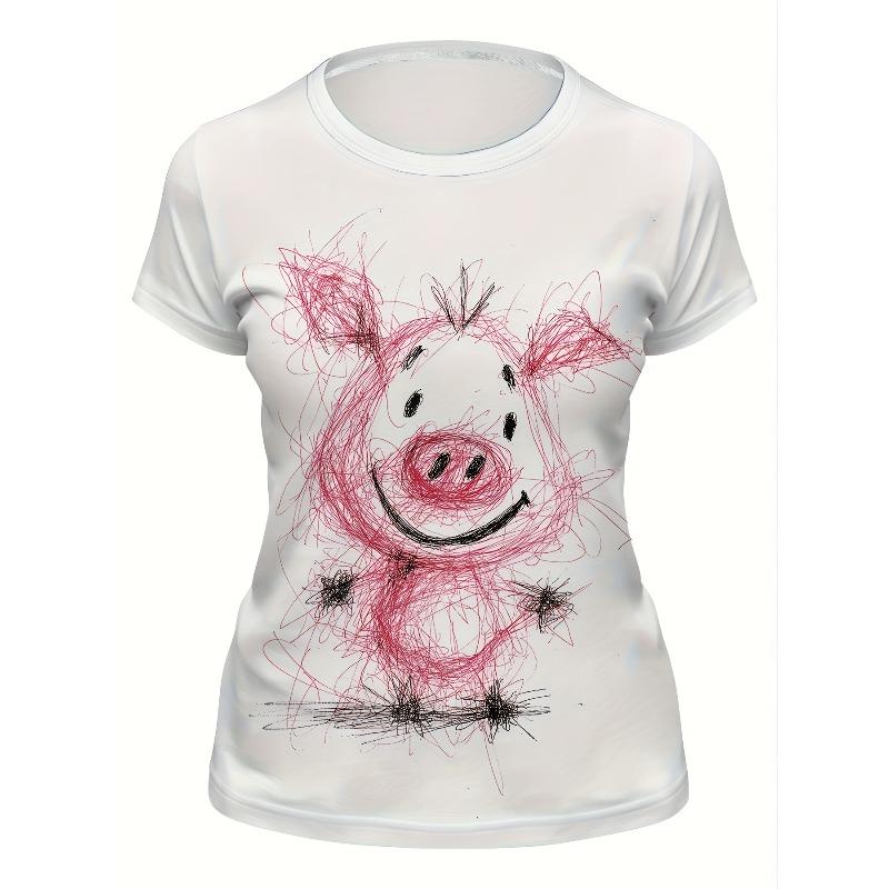 Dámské ručně malované tričko s růžovým prasátkem v evropské velikosti - měkké ležérní tričko s hravým kresleným designem