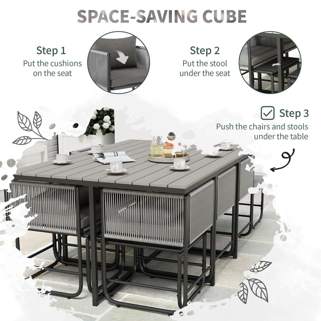 10 Seater Rattan Cube Garden Furniture Set, Rattan Dining Set with Cushions, Outdoor Dining Table and Chairs with 6 Armchairs, 4 Stools