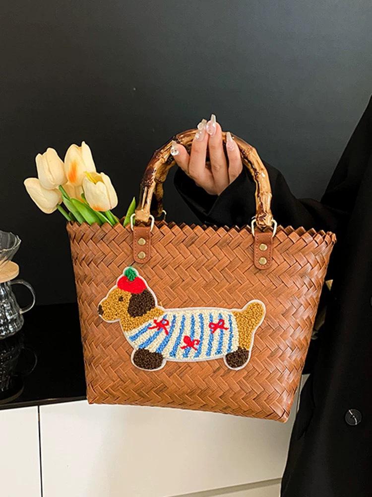 Elegant Handmade Bamboo Woven Tote – Stylish Rattan-Style Beach & Makeup Bag