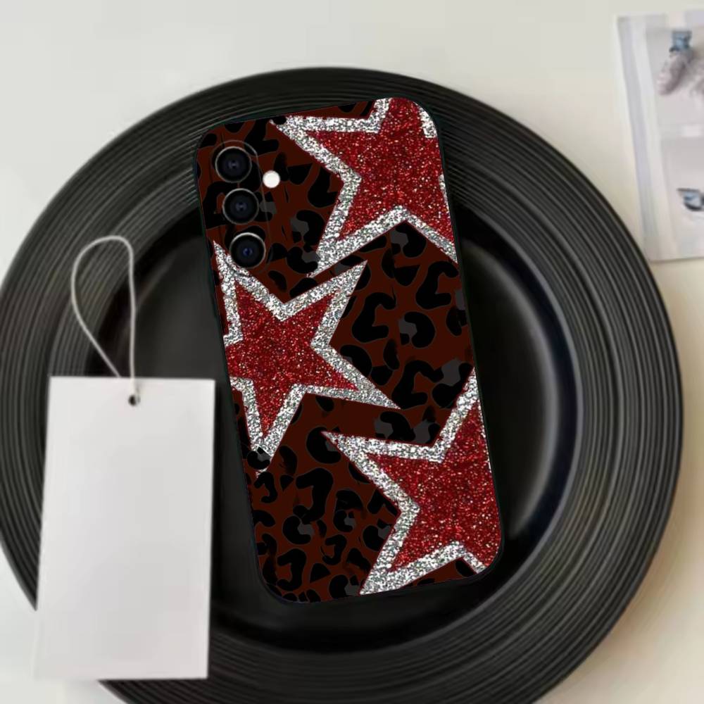 Ins Korea R-Red Stars Phone Case For Samsung Galaxy A73,A72,A71,A70,A53,A52,A51,Soft Silicone Black Cover
