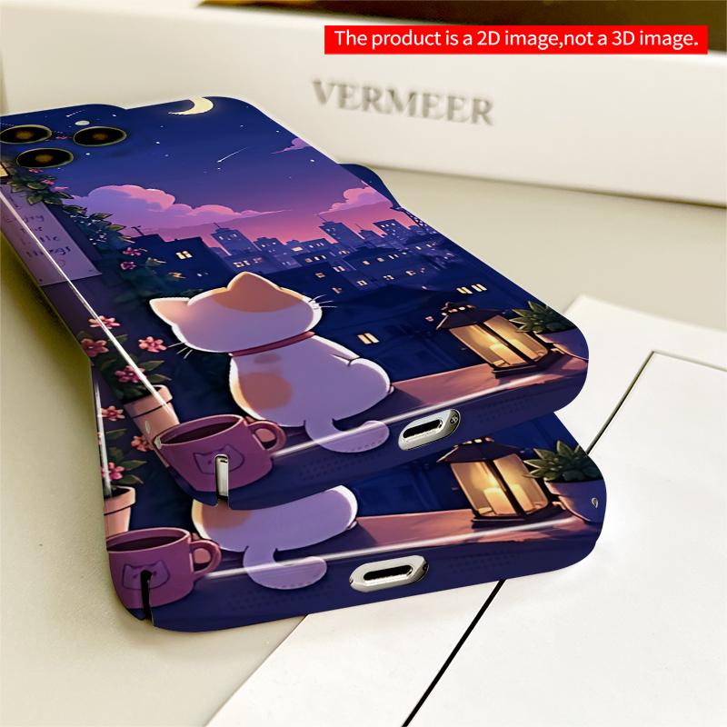 2DFlat Cute Cat Under Moonlit Sky Phone Case All inclusive film hard iPhone case, compatible with iPhone 18 Pro Max 17 16 15 14 13 12 11