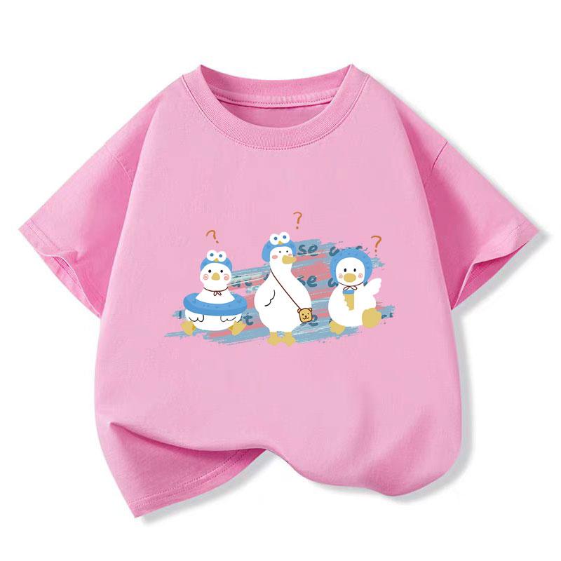Summer Kids Playing Duck T-shirt Purple Print Girls Tshirt Children Short Sleeve T Shirt Fashion Casual Cotton Tee Clothes