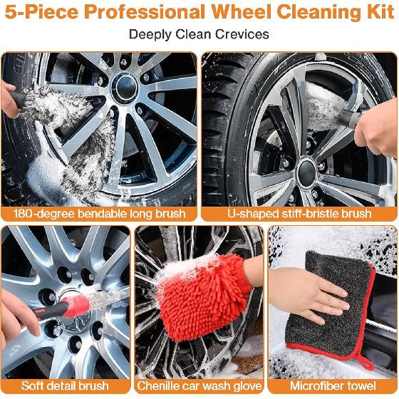 Preciva 5PCS Car Wheel & Tire Brush Kit -Car Cleaning Kit, Wheel Cleaner Brush, Soft-bristled Rim Brush, Car Drying Towel, Car Detailing Cleaning