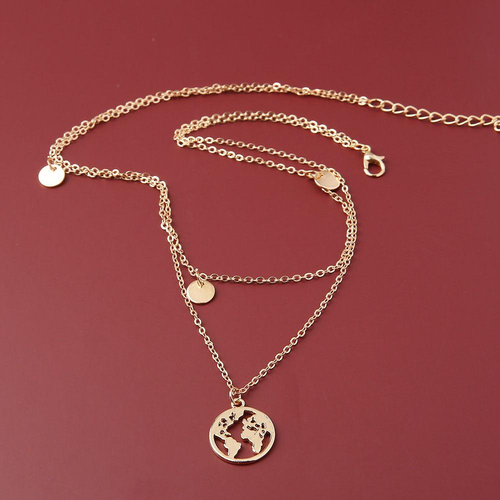 Popular Fashion Personalized Street Photography Trendy Disc World Map Pendant Double Necklace Set Jewelry