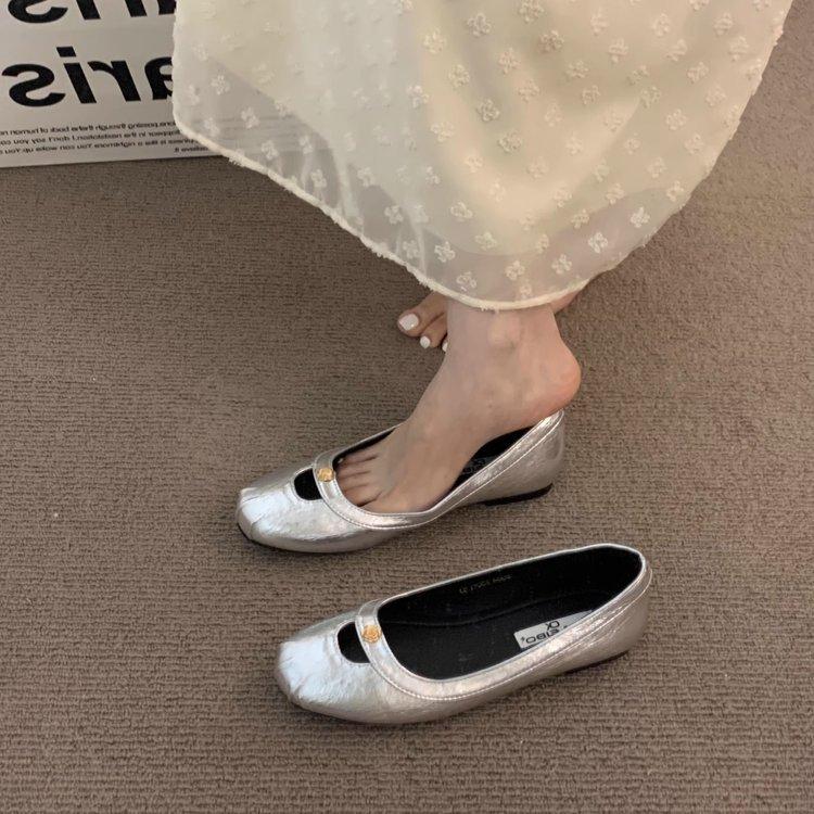 

Soft leather version~ retro simple and versatile flat-bottomed comfortable small single shoes women s one-pedal round head shallow mouth casual ev 40