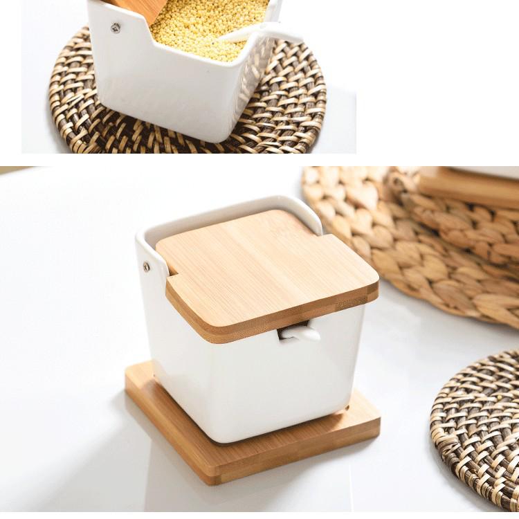 Japanese Style Square Ceramic and Bamboo Salt & Seasoning Jar Set