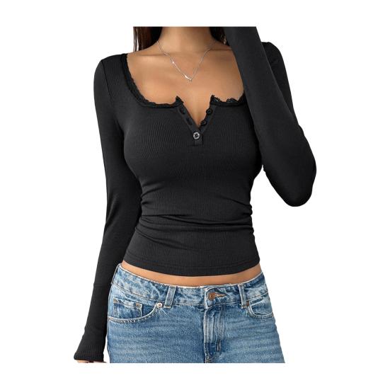 

Жіночі топи звичайного крою з довгим рукавом, V-подібним вирізом, мереживним оздобленням, пуловери, однотонні, осінньо-зимові блузки для повсякденного носіння L чорний