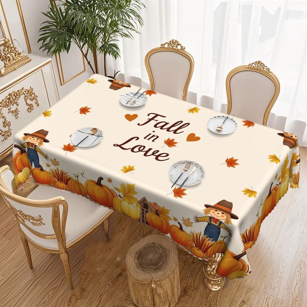 1 Piece Thanksgiving Tablecloth - Pumpkin Scarecrow Fall In Love Wooden House And Autumn Leaf Pattern, Suitable For Dining Table
