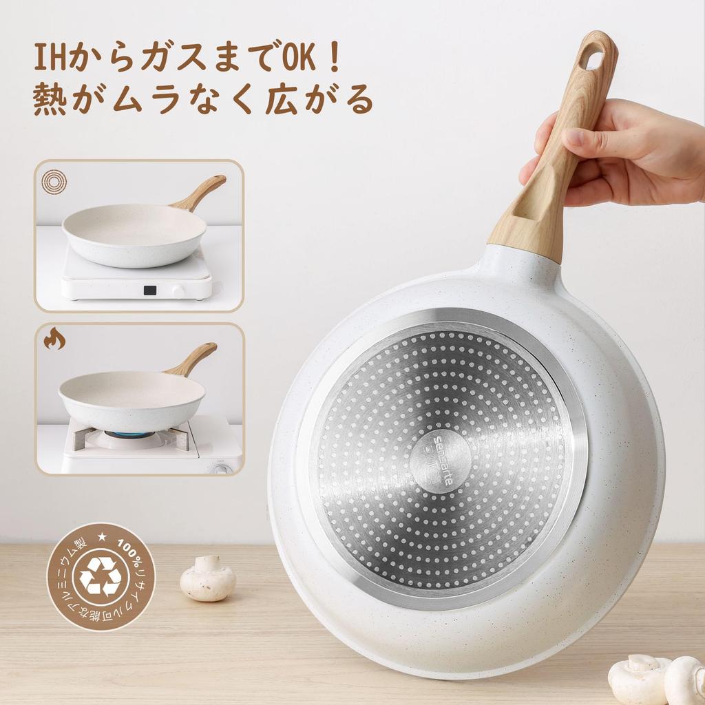 SENSARTE 20cm Frying Induction and Gas Marble Easy To High Heat Efficiency Pan, Lightweight, Compatible, Coat, Non-Stick, Non-Toxic, Clean, White,