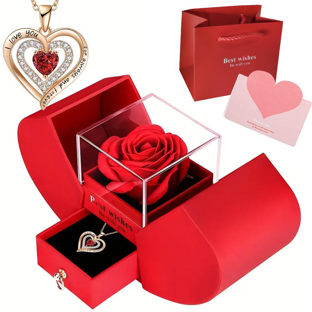 1Set Charming Love Heart Pendant Necklace with Rose Gift Box - Perfect for Valentine's Day, Birthdays, Mother's Day Party Favors