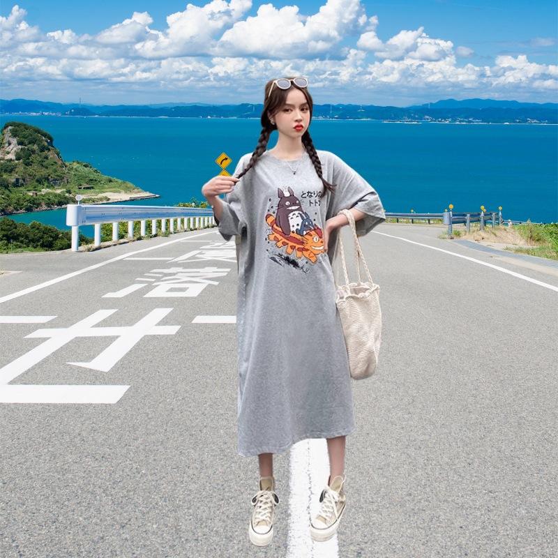 Large size women's short t-shirt skirt summer Korean pure cotton loose long knee dress casual belly cover dress