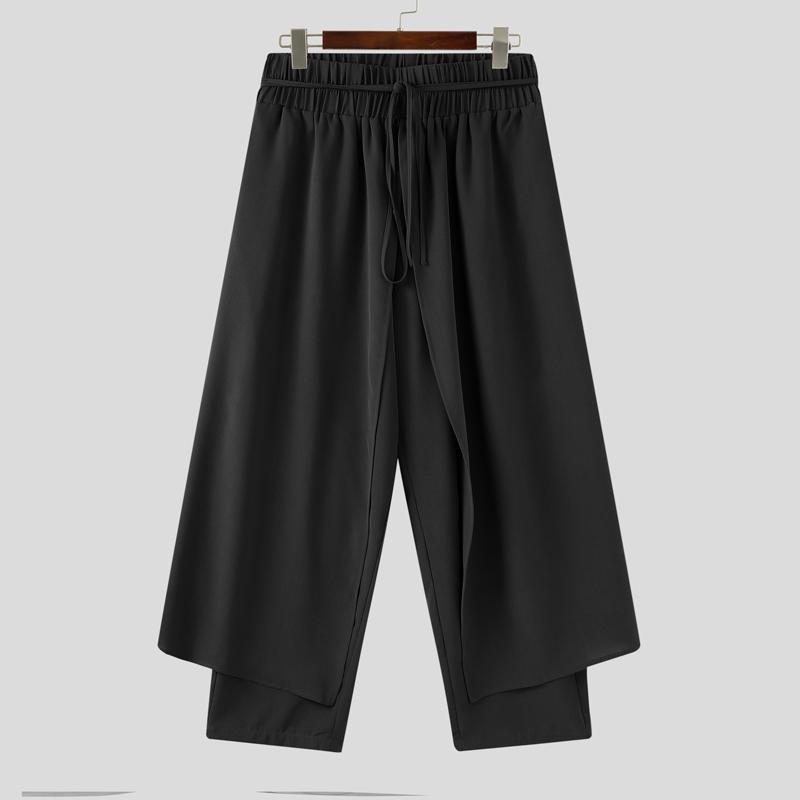 INCERUN Men Elastic Waist Layers Solid Color Casual Loose Long Trousers Pants