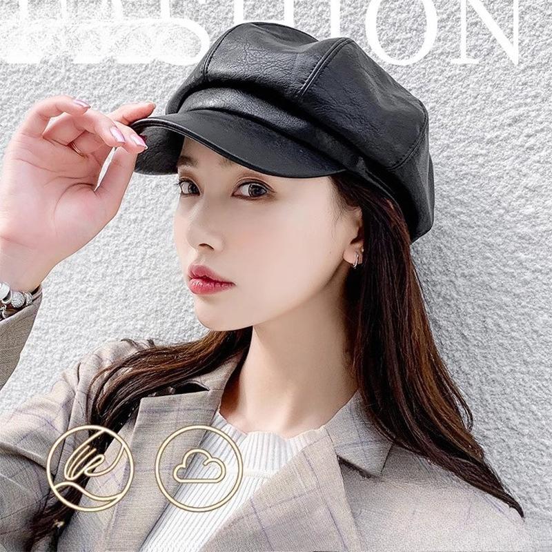 

1PC PU leather octagonal hat duck tongue Korean version tide spring retro British style hat women s versatile beret Adjustable чёрный