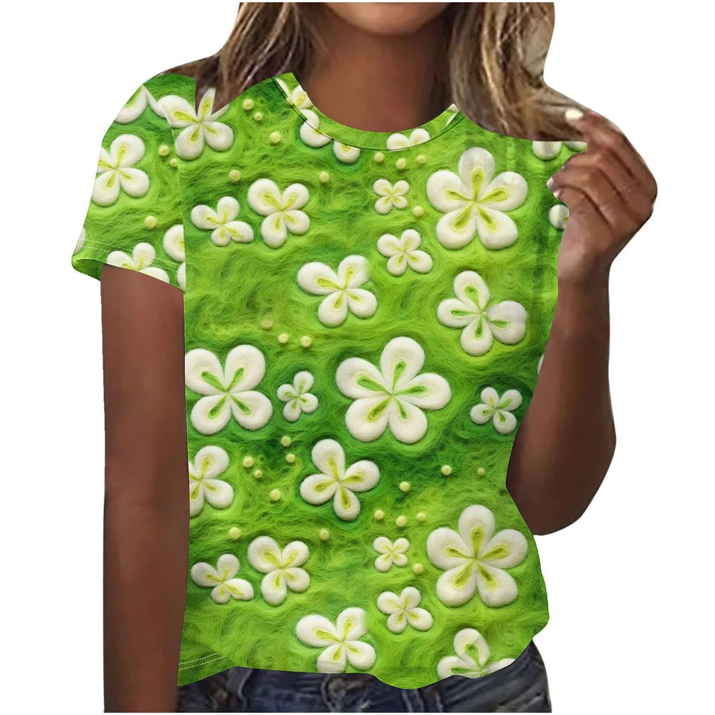 Cuello Redondo de Verano 3D St. Camisetas de Manga Corta Casuales de Moda para Mujer con Estampado Temático Verde del Día de San Patricio