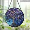2D Flat Stained Glass Tree of Life Window Decoration, 7.87inches Blue Purple Elegant Design Colored Glass Plate with Chain, Charming Spring Summer