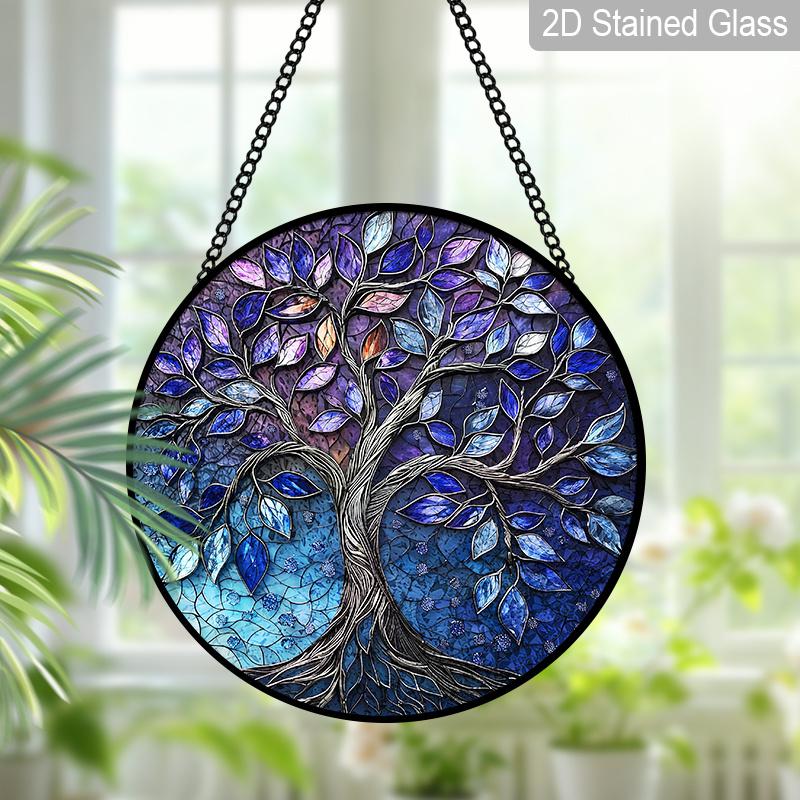 2D Flat Stained Glass Tree of Life Window Decoration, 7.87inches Blue Purple Elegant Design Colored Glass Plate with Chain, Charming Spring Summer
