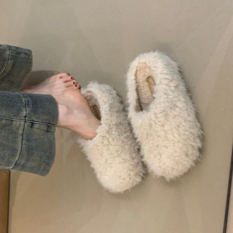 Women's Plush Semi-drag Winter New Round Toe Deep Mouth Platform Warm Flat Slippers
