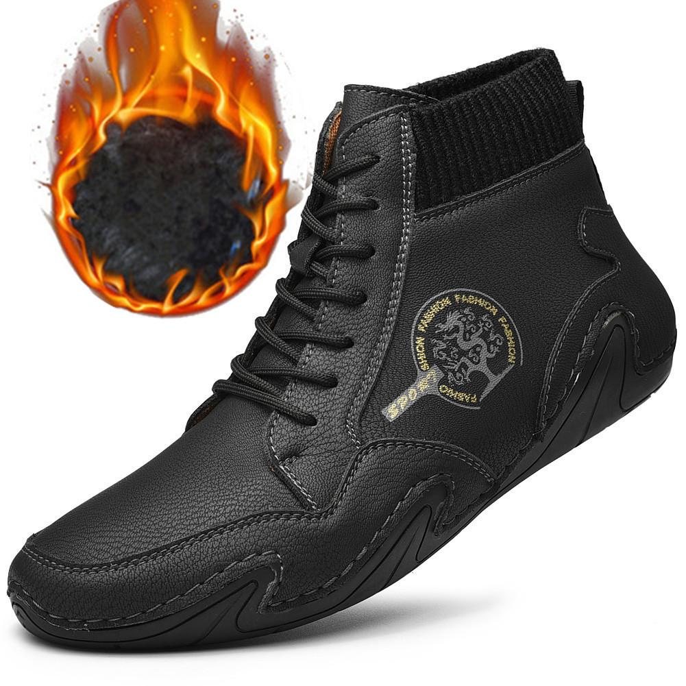 Autumn Leather Men Boots Winter Fur Warm Snow Boots Men Winter High Top Casual Shoes Vintage Western Ankle Boots Zapatos Hombre