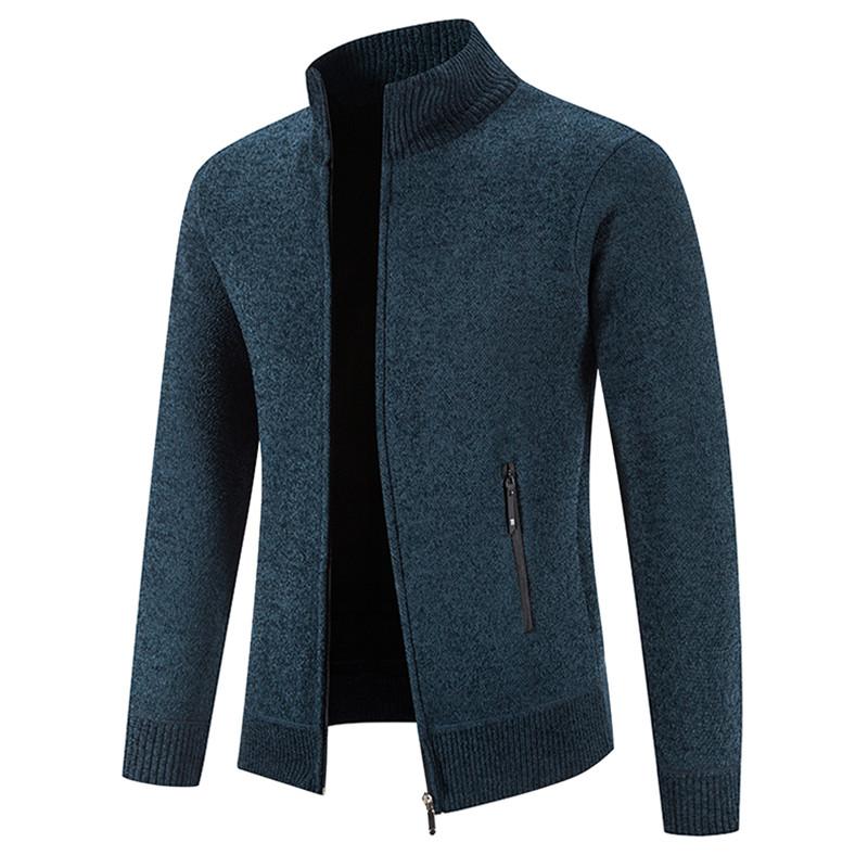 New Velvet Sweater Cardigan Men Stand Collar Mens Sweaters Fleece Thick Warm Knitted Sweater Coat Solid Zipper Pocket Cardigan