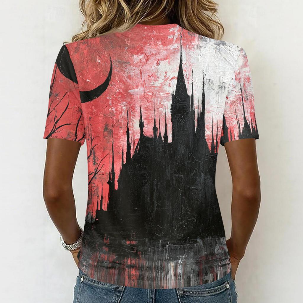 Womens Halloween Print V Neck Pullover Top Short Sleeve Casual Shirt Lightweight Comfortable Fit