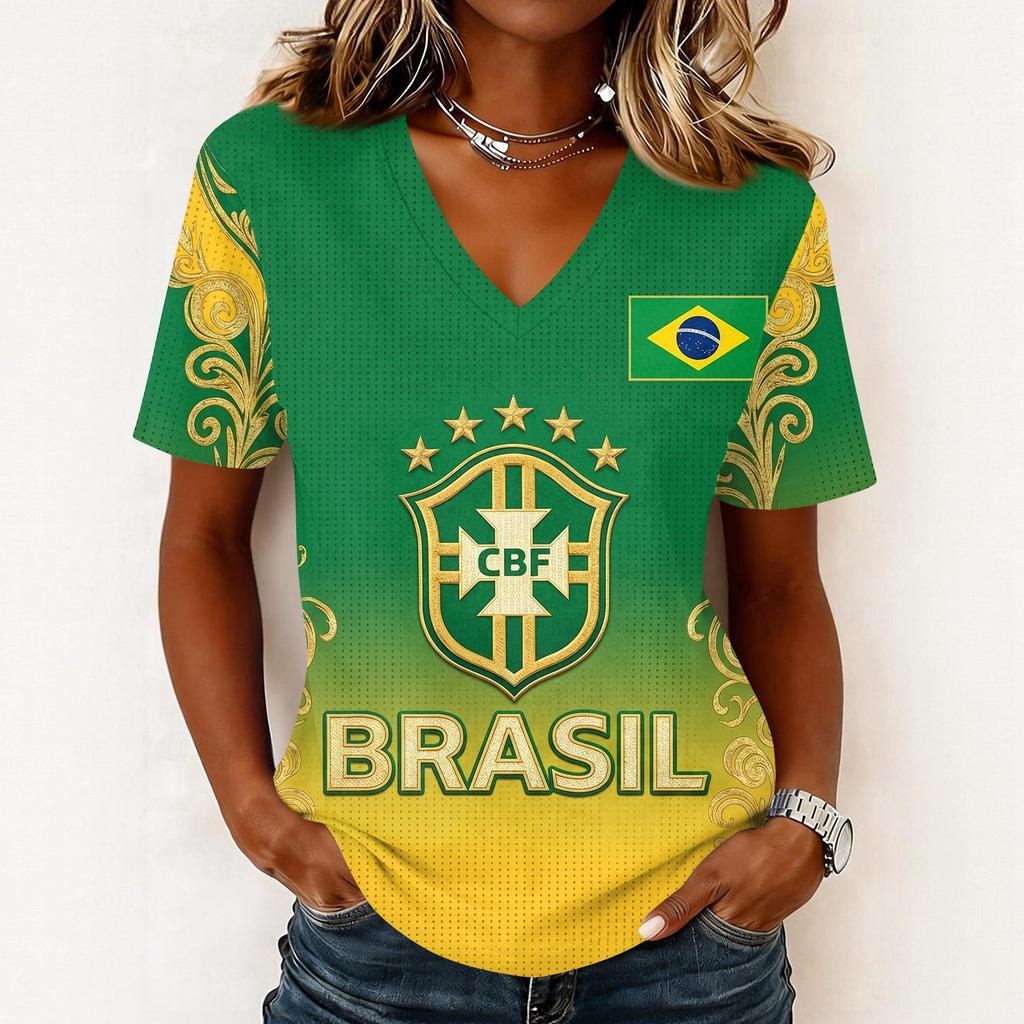 Women's Short Sleeve V-Neck T-Shirt with Soccer Flag Print for Casual Day Wear