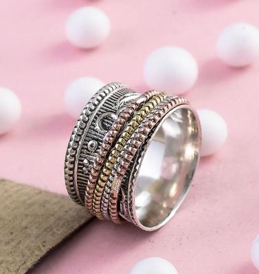 Textured Thumb Spinner Ring, 925 Sterling Silver Ring, Mixed Metal Band Ring, Handmade Jewelry, Meditation Spinning Ring, Gift For Her,