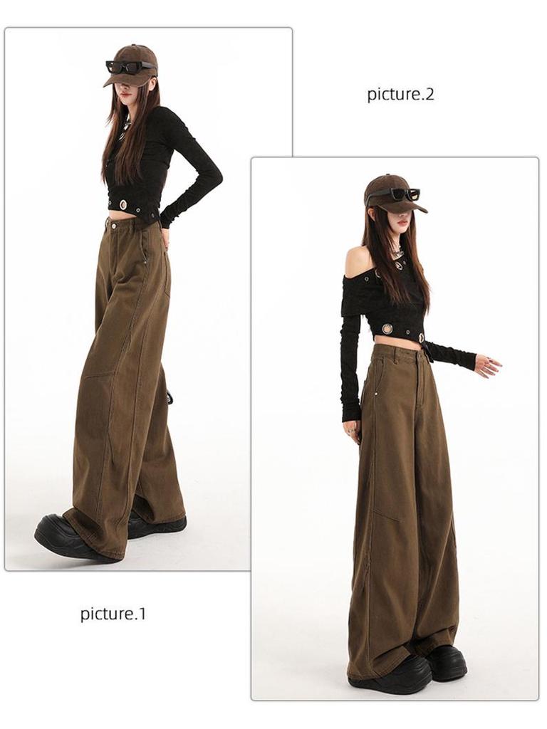 American Retro 2026 High-Waisted Wide-Leg Brown Jeans for Women