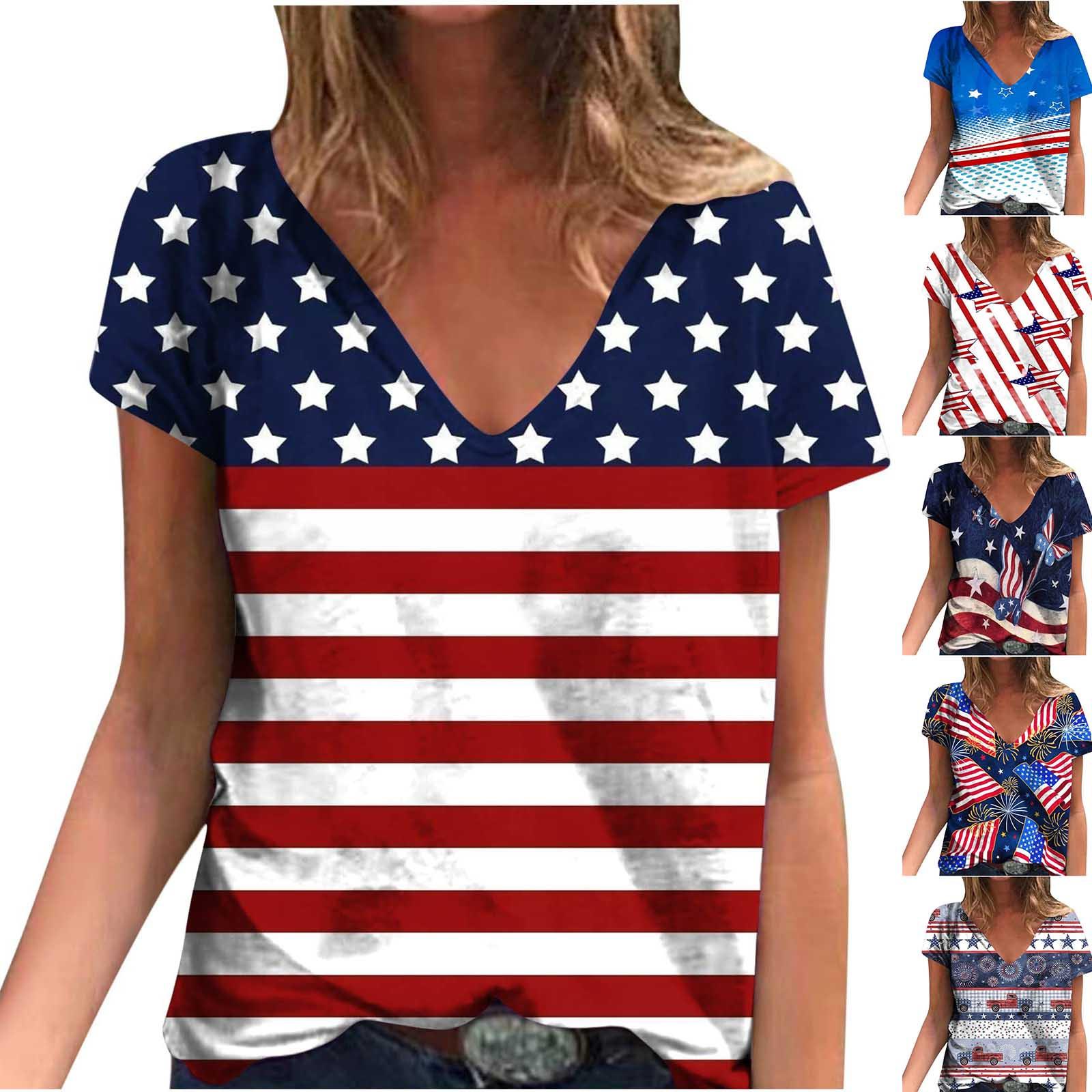 

(Куниде) Женские винтажные свободные топы с короткими рукавами и V-образным вырезом с принтом, летние свободные топы на День памяти, топы на День независимости, женские летние футболки