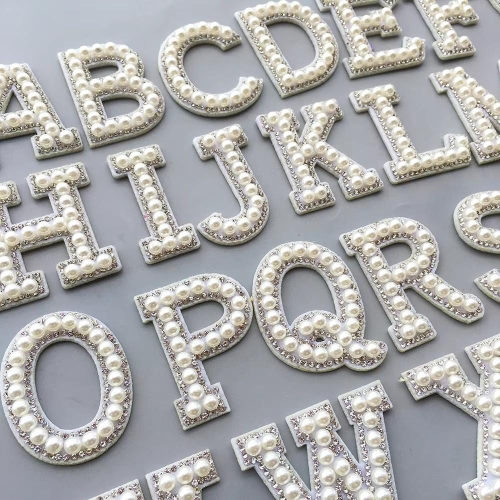 Non-woven Letter Patches Resin Rhinestone Accents Alphabet Appliques Pearl Embellished Adhesive Backing Tape Bag Decoration