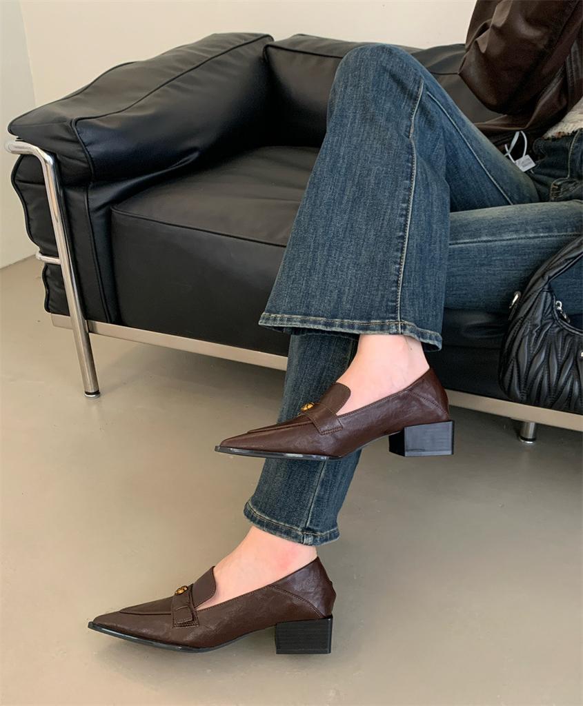 3CM French retro first-layer cowhide deep-mouth camellia loafers 2025 early autumn one-pedal comfortable small leather shoes