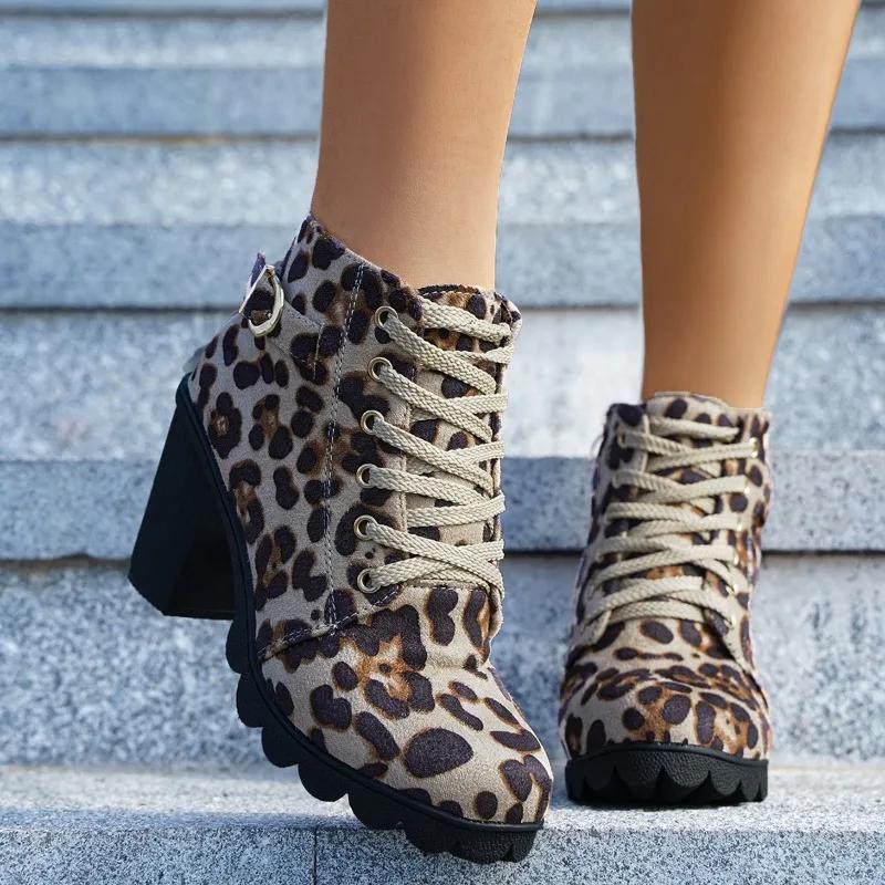 Leopard Print Women Boots  New Fashion Autumn Winter High Heel Women Ankle Boots Comfortable Thick Heel Ladies Modern Boots