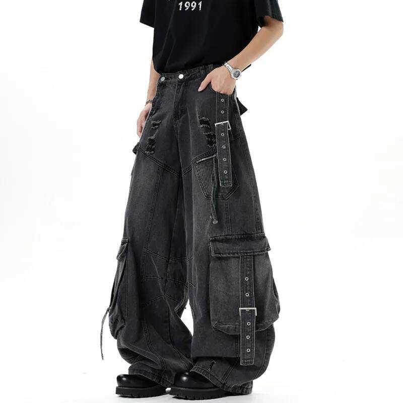 STREETRICH Jeans da Uomo Stile Americano Colore Unico Tasche Multiple Casual Pantaloni Usurati Deconstruction Gamba Larga Jeans in Denim