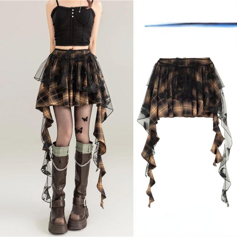 

Юбка женская, японская, милая, шикарная, тёмная, в стиле Харадзюку, в стиле панк, нерегулярная, шикарная, Y2K, с эстетической нашивкой, в клетку, модная, винтажная