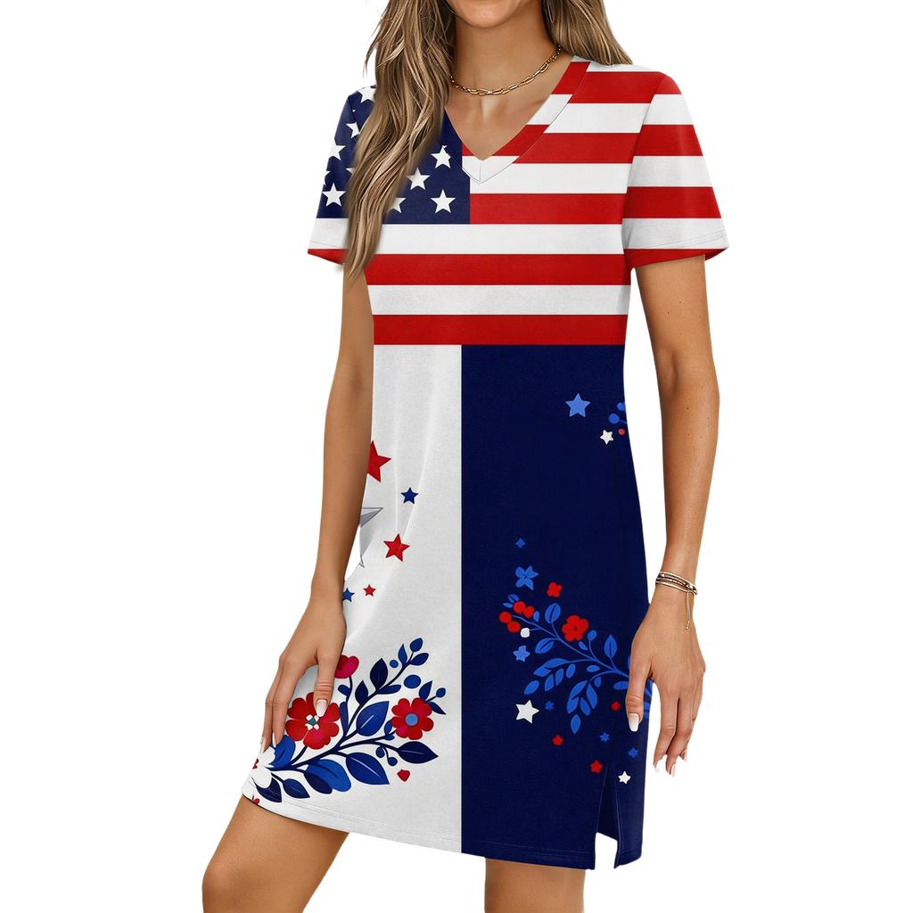 Women's Casual V-neck Short Sleeve Split Hem Independence Day Printed Dress