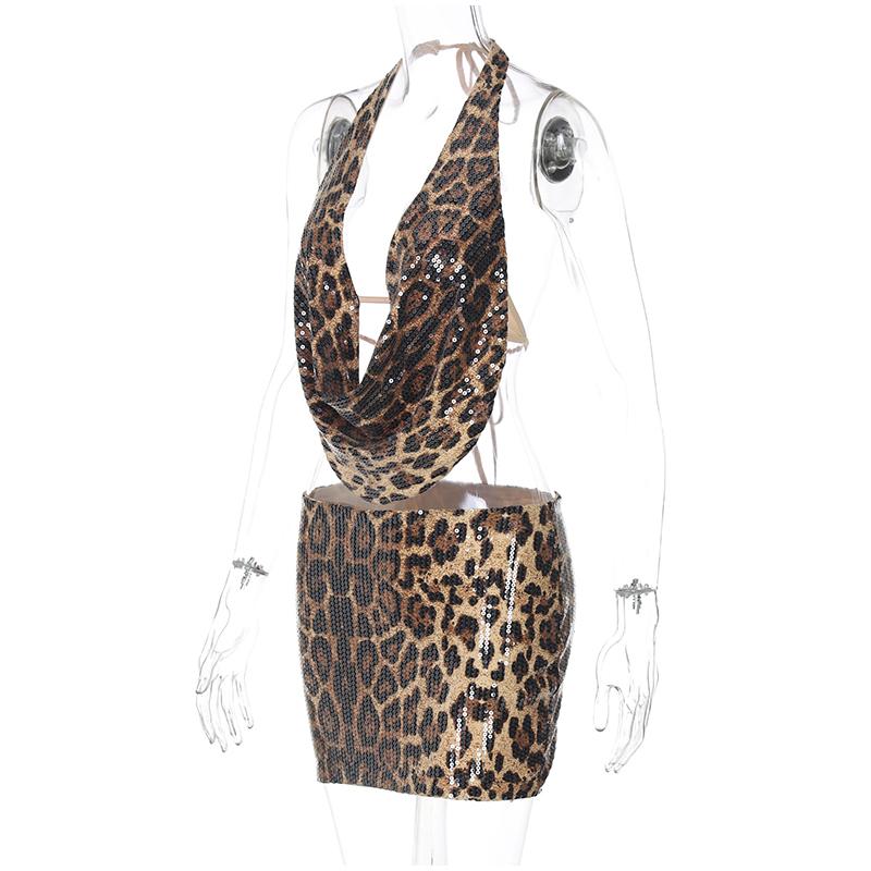 2026 New Leopard Print Sequin Backless Halter Top and Mini Skirt Two Piece Set Women Sexy Going Out Club Outfitsnight Club Suits