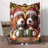 Christmas Theme Two Puppies Drinking Coffee Blanket Warm Soft Luxury Gift for Child Adults Suitable for Home Sofa Travel Camping