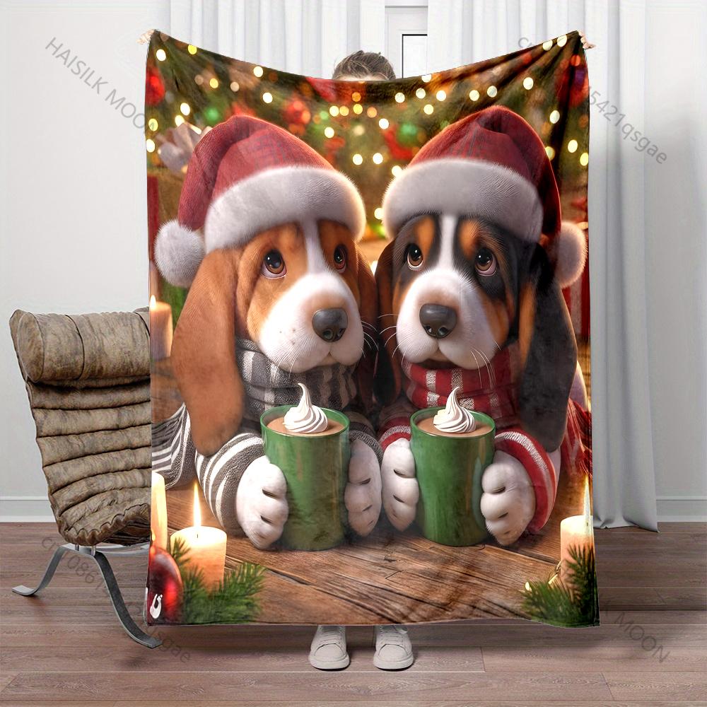 Christmas Theme Two Puppies Drinking Coffee Blanket Warm Soft Luxury Gift for Child Adults Suitable for Home Sofa Travel Camping