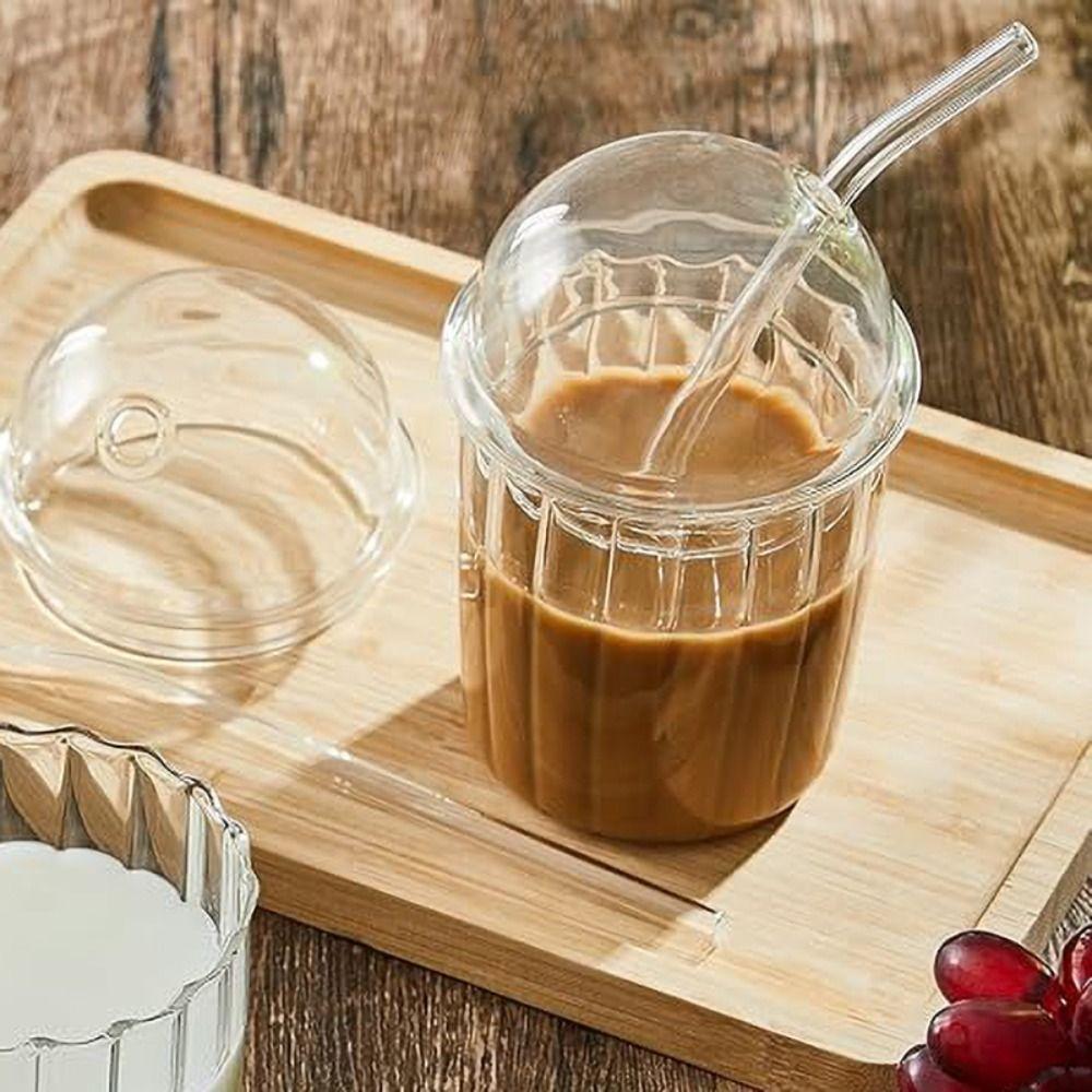 Clear Glass Straw Cup Dome Lid Drinking Cup Drinkware Milk Tea Cup  Coffee