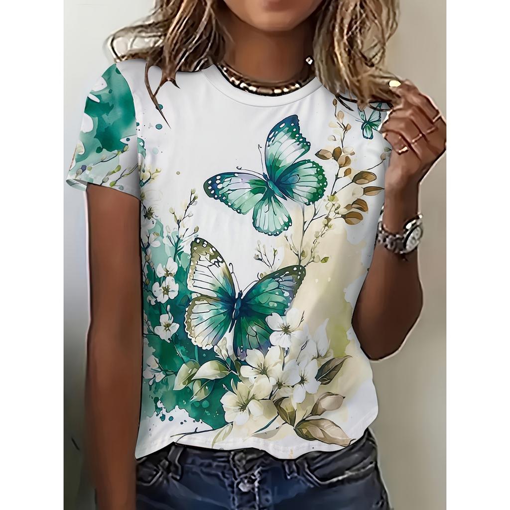 Summer Fashion Ladies T Shirt Beautiful Floral Pattern Printed Tee Round Neck Short Sleeve Regular Tops Women's T-Shirt